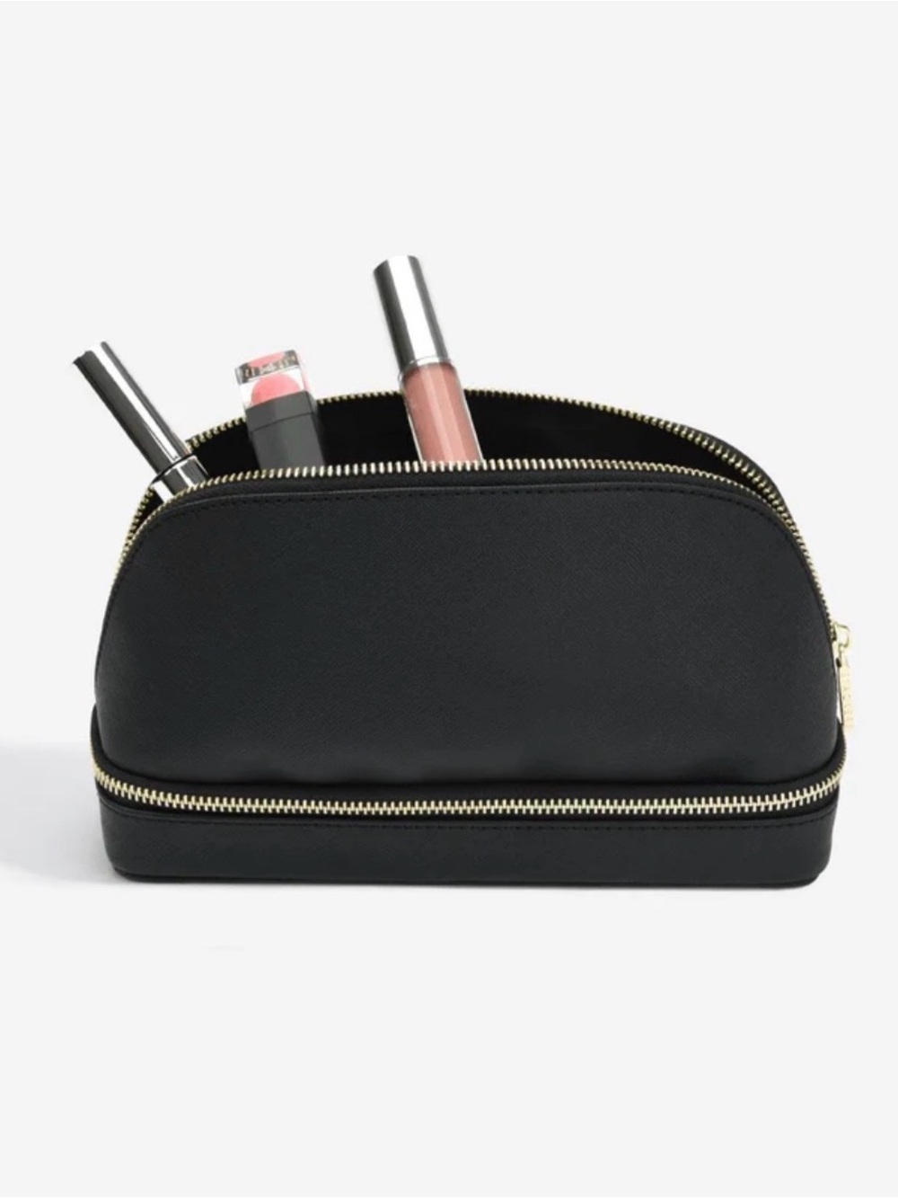 STACKERS Black Double-Zip Makeup Bag with Brush Storage travel case NWT pleather